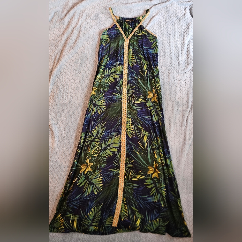 Tropical Leaf Print Maxi Dress